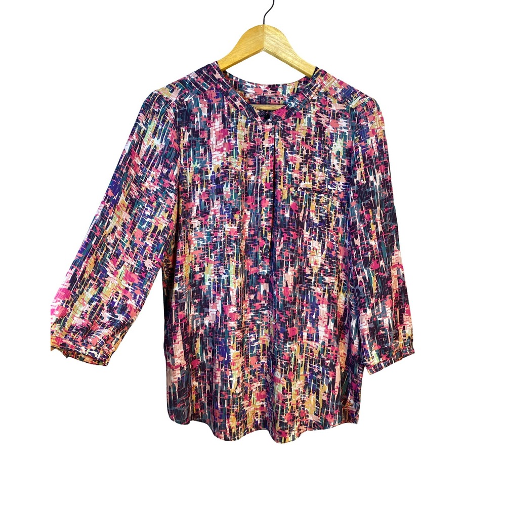 NYDJ Womens Abstract Print Button Front Blouse 3/4 Sleeve Size M Colorful